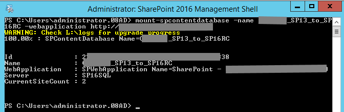 Mount-SPContentDatabase 2016 RC on SharePoint 2013 Database