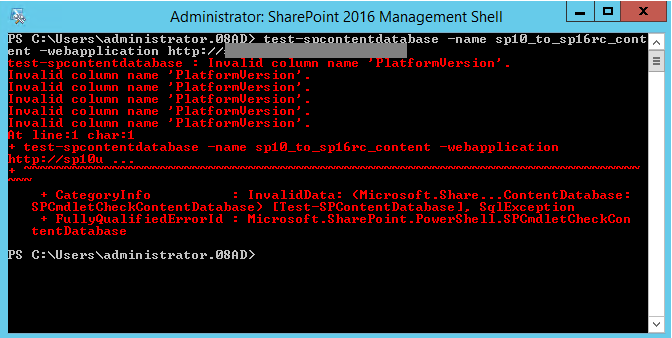 Test-SPContentDatabase 2016 RC on SharePoint 2010 Database