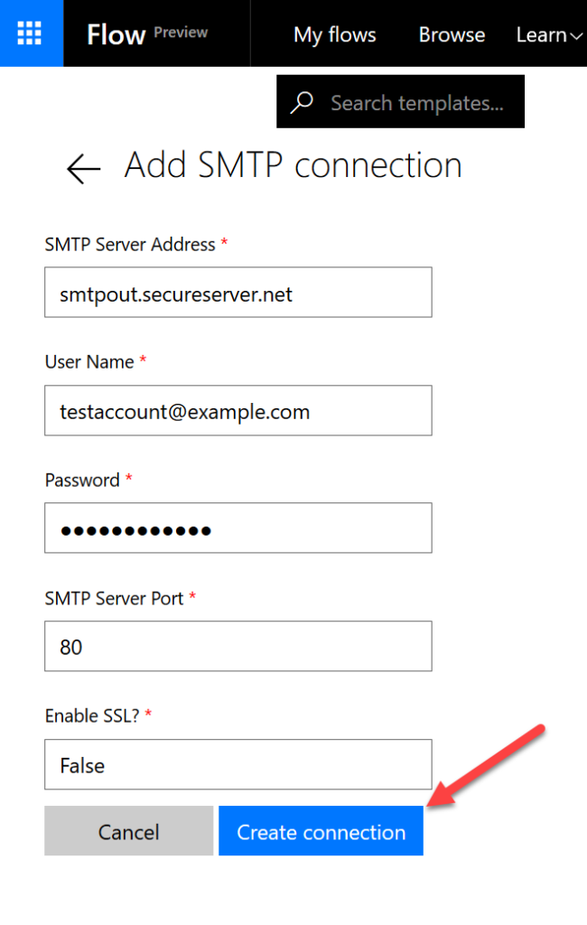 Microsoft Flow SMTP settings for GoDaddy