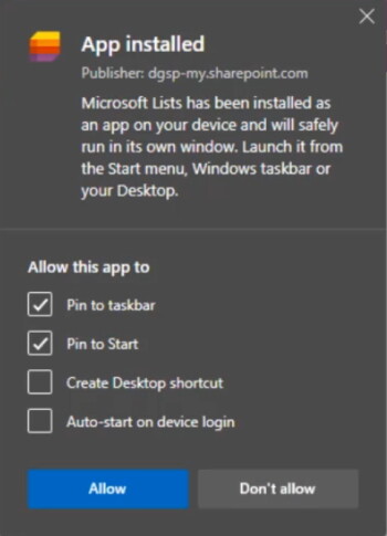 Microsoft Lists Desktop App Config Prompt