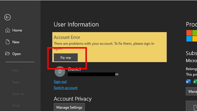 Fix Me Button in the Account Error Box