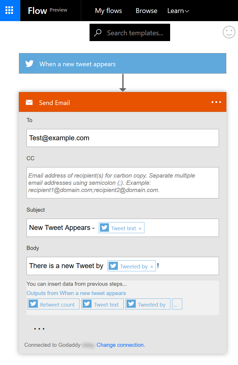 Microsoft Flow SMTP step settings