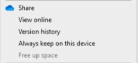 OneDrive Context Menu Options