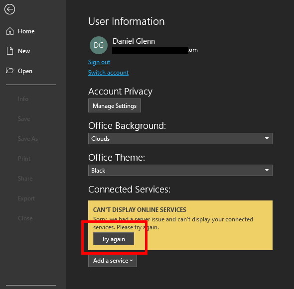 Try Again Button in Connected Services