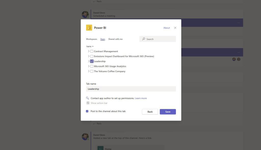 Adding a Power BI workspace App to Microsoft Teams