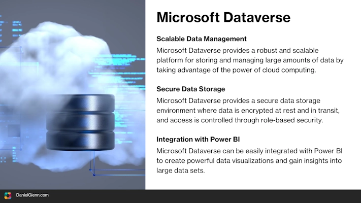 Microsoft Dataverse Scalable Data Management Microsoft Dataverse provides a robust and scalable platform for storing and managing large amounts of data by taking advantage of the power of cloud computing. Secure Data Storage Microsoft Dataverse provides a secure data storage environment where data is encrypted at rest and in transit, and access is controlled through role-based security. Integration with Power BI Microsoft Dataverse can be easily integrated with Power BI to create powerful data visualizations and gain insights into large data sets.