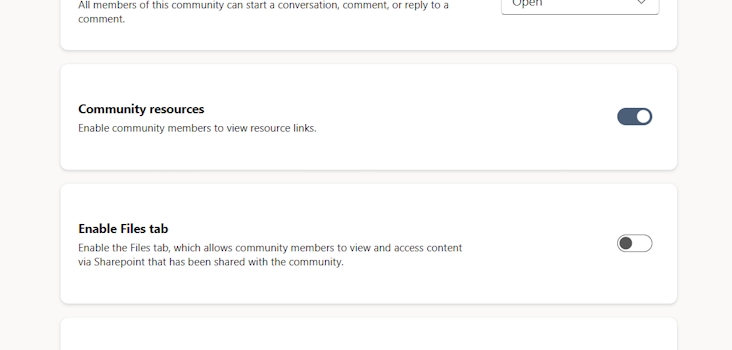 Viva Engage Files and Resources Community Settings Toggles