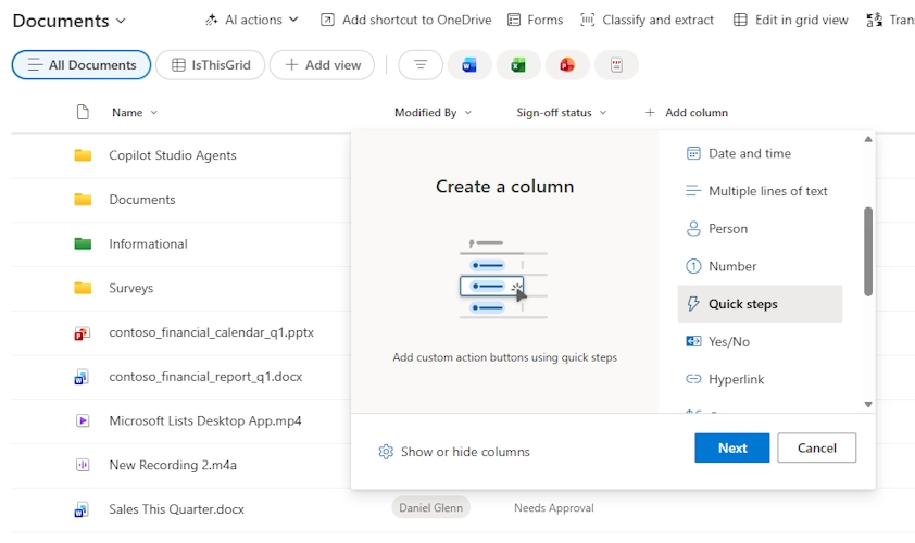 Add Quick Steps Column in SharePoint and Microsoft Lists